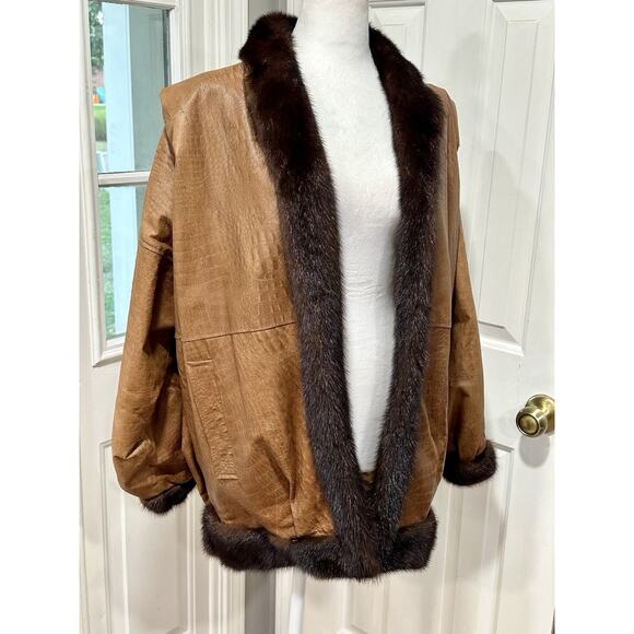 Henig Furs Vintage Brown Leather Jacket Real Mink Fur Trim Crocodile Texture 80s - Picture 1 of 16